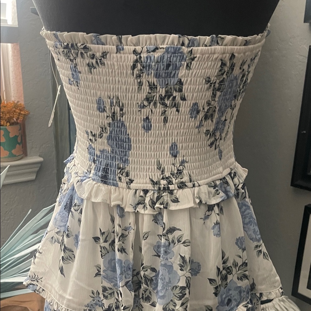 Altar'd State White Strapless Tiered Floral Maxi Dress with Blue Blooms - Picture 6 of 7